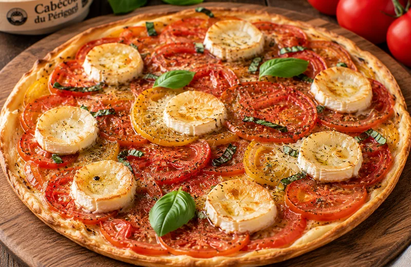 Fine tarte aux tomates, basilic et Cabécou du Périgord