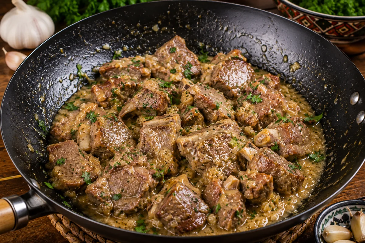 Agneau et sauce à l'ail en wok